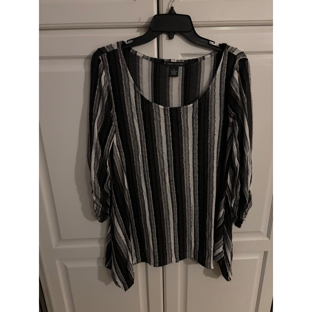 Chelsea & Theodore Striped Tunic Top Black Gray White Medium Womens